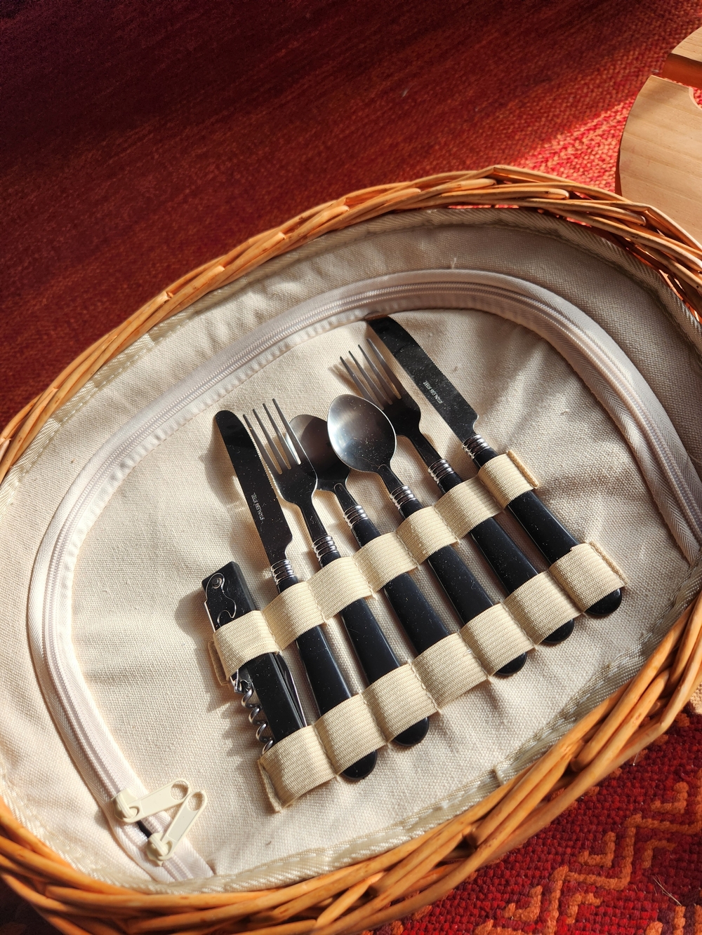 Woven Picnic Basket with Natural Wood Lid and Beige Straps - Picture 5 of 14